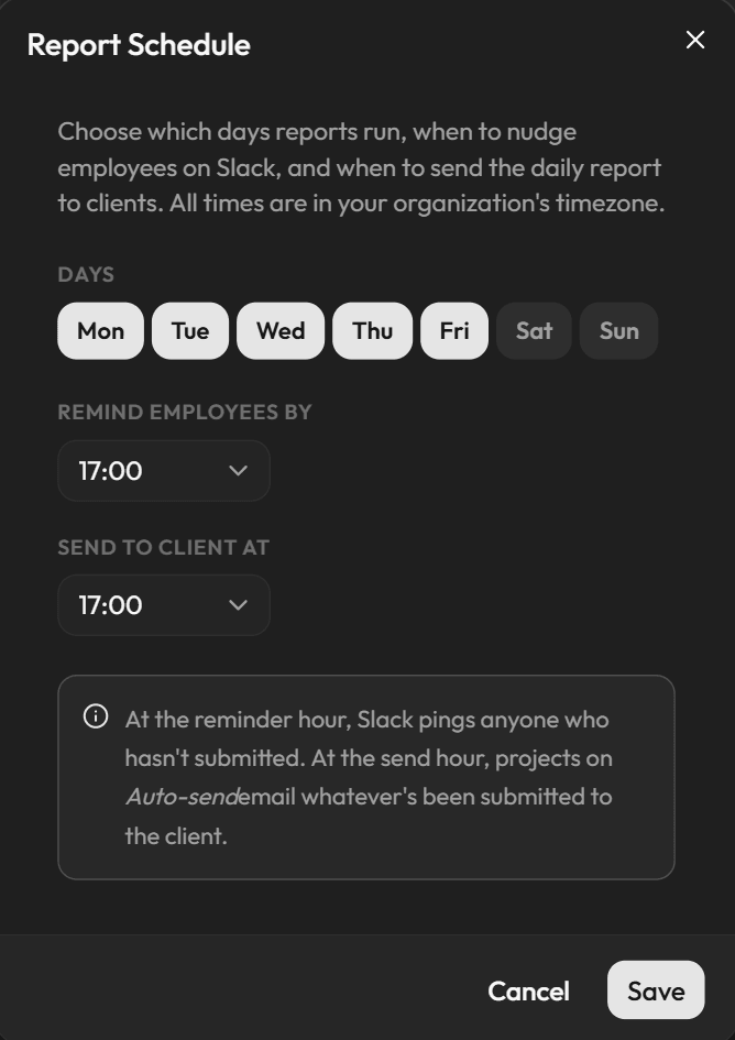 Agencify automated report scheduling with Slack reminders and timezone-aware delivery